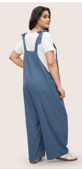 BloomChic-Soild Pleated Detail Pocket Knotted Shoulder Overall Jumpsuit (Stone) - Picture 4 of 6